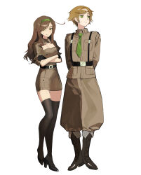 1boy 1girl absurdres ahoge axis_powers_hetalia baggy_pants belgium_(hetalia) belt black_belt black_boots black_gloves black_shoes black_thighhighs blonde_hair boots breast_pocket breasts brown_dress brown_hair brown_jacket brown_pants buttons cleavage_cutout closed_mouth clothing_cutout collared_dress collared_jacket crossed_arms dress full_body genderswap genderswap_(ftm) genderswap_(mtf) gloves green_eyes green_hairband green_necktie hairband half-closed_eyes high_heels highres jacket kaminai404 long_hair looking_at_viewer medium_breasts military_jacket military_uniform necktie pants pocket puffy_short_sleeves puffy_sleeves shoes short_hair short_sleeves sidelocks simple_background southern_italy_(female)_(hetalia) southern_italy_(hetalia) standing thighhighs wavy_hair white_background