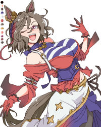 1girl ;d animal_ears breasts gloves horse_ears horse_girl horse_tail large_breasts looking_at_viewer multicolored_hair navel one_eye_closed open_mouth pink_eyes red_gloves shirt short_hair simple_background smile solo striped_clothes striped_shirt tail tap_dance_city_(umamusume) teeth toriga_naku umamusume upper_teeth_only white_background