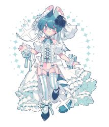 1boy absurdres animal_ear_fluff animal_ears aqua_eyes aqua_hair aqua_nails aqua_ribbon aqua_theme black_flower black_rose black_shoes blush bright_pupils cat_boy cat_ears cat_tail closed_mouth commentary corset crossdressing dated_commentary detached_sleeves eyes_visible_through_hair fang flower full_body garter_straps gluteal_fold groin hair_flower hair_ornament hair_ribbon hand_up highres leg_up male_focus original ozureiji panties puffy_short_sleeves puffy_sleeves ribbon rose shoes short_hair short_sleeves showgirl_skirt side-tie_panties skin_fang smile socks socks_over_thighhighs solo symbol-only_commentary tail tail_ornament tail_ribbon thighhighs trap tsurime underwear white_corset white_panties white_pupils white_ribbon white_socks white_thighhighs wrist_cuffs