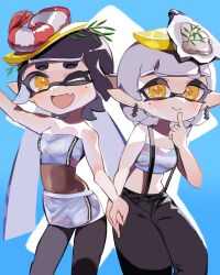 2girls absurdres ao_hito baggy_pants black_hair blue_background blunt_bangs blush bodystocking callie_(splatoon) callie_(summer_nights)_(splatoon) cowboy_shot earrings facing_viewer fang finger_to_mouth food fruit highres holding_hands inkling jewelry lemon lemon_slice long_hair looking_at_viewer marie_(splatoon) marie_(summer_nights)_(splatoon) mole mole_under_eye multiple_girls nintendo official_alternate_costume official_alternate_hairstyle oyster pants pointy_ears shrimp skin_fang skirt smile splatoon_(series) splatoon_3 strapless suspenders tentacle_hair tube_top white_hair yellow_eyes