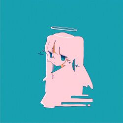 1girl angel angel_wings aqua_background aqua_eyes blunt_bangs flat_color halo highres jacket jitome long_hair looking_to_the_side original parted_bangs pink_hair pink_jacket simple_background sparkle sskitaco turtleneck turtleneck_jacket twintails white_halo wings