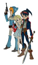 Rule 34 | 1boy, 2girls, barefoot, blonde hair, blue eyes, bracelet, breath of fire, breath of fire v, closed mouth, dress, facial mark, full-body tattoo, full body, green hair, gun, hair over one eye, holding, holding gun, holding sword, holding weapon, jewelry, lin (breath of fire), looking at viewer, mana30row, multiple girls, nina (breath of fire v), open mouth, red wings, ryu (breath of fire v), short hair, simple background, sword, tattoo, weapon, white background, white dress, wings