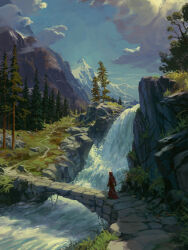 Rule 34 | 1other, absurdres, blue sky, bridge, cloud, commentary, day, english commentary, highres, holding, holding polearm, holding weapon, hood, hood up, hooded robe, krita (medium), landscape, long sleeves, mountain, mountainous horizon, nature, original, outdoors, path, philipp urlich, pine tree, polearm, red hood, red robe, road, robe, scenery, sheath, signature, sky, spear, stone walkway, stream, sunlight, tree, walking, water, waterfall, weapon, wide shot