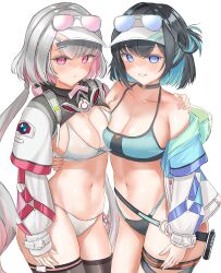 2girls absurdres bare_shoulders bikini black_choker black_hair black_survival blue-tinted_eyewear blue_bikini blue_eyes breasts choker cleavage colored_inner_hair debi_(black_survival) debi_(cotton_candy)_(black_survival) eternal_return:_black_survival expressionless eyewear_on_headwear gas_mask highres holding jacket large_breasts long_hair long_sleeves looking_at_viewer low_twintails marlene_(black_survival) marlene_(cotton_candy)_(black_survival) mask mask_around_neck mikiri multicolored_hair multiple_girls navel official_alternate_costume pink_hair red_eyes short_hair smile string_bikini swimsuit tinted_eyewear twintails two-tone_hair visor_cap white_bikini white_hair