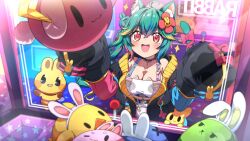 1girl :d absurdres ahoge aimusu animal_ears belt black_belt black_jacket blonde_hair blue_hair blush bow breasts cat_ears cat_girl cat_tail cleavage closed_mouth commentary_request commission crane_game ear_piercing eyelashes flower green_hair hair_flower hair_ornament highres honeybun_(rosedoodle) indoors jacket long_hair multicolored_hair open_clothes open_jacket open_mouth piercing pink_bow pink_eyes pink_flower pink_hair rosedoodle_(vtuber) shirt side_ponytail skeb_commission sleeves_past_fingers sleeves_past_wrists smile sparkle sparkling_eyes star_(symbol) stuffed_toy tail tail_bow tail_ornament teeth upper_teeth_only vchiban virtual_youtuber white_shirt