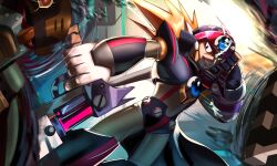 Rule 34 | armor, axl (mega man), black armor, blue eyes, brown hair, chest jewel, cowboy shot, dual wielding, euphythefox, finger on trigger, forehead jewel, helmet, heterochromia, highres, holding, long hair, male focus, mega man (series), mega man x (series), red helmet, solo focus, spiked hair, transformation, yellow eyes