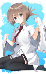 1girl :3 absurdres aqua_eyes black_thighhighs blue_background blush brown_hair capelet clenched_hands closed_mouth collared_shirt commentary cross cross_print dress_shirt eyes_visible_through_hair film_grain folded_ponytail frilled_skirt frills full_body hair_between_eyes hands_up highres holding holding_unworn_clothes looking_at_viewer medium_hair miniskirt necktie no_shoes nodoameyatou paint_splatter pleated_skirt print_necktie red_necktie school_uniform shirt short_sleeves simple_background sitting skirt smile solo split_mouth subarashiki_hibi tachibana_kimika thighhighs unworn_capelet w_arms wariza white_capelet white_shirt white_skirt zettai_ryouiki
