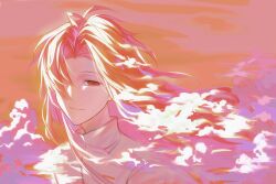 Rule 34 | 1boy, 49neb, chinese commentary, closed mouth, commentary request, curtained hair, dawn, floating hair, hair over one eye, hatsutori hajime, highres, jacket, long hair, male focus, orange hair, orange sky, parted bangs, portrait, red eyes, saibou shinkyoku, sky, smile, solo, variant set, white jacket
