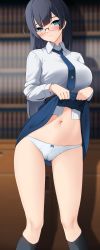 1girl :s absurdres black_hair black_socks blue_bow blue_eyes blue_necktie blue_skirt blush bookshelf bow bow_panties breasts cameltoe closed_mouth clothes_lift collared_shirt dated_commentary feet_out_of_frame glasses gluteal_fold head_tilt high-waist_skirt highres indoors kneehighs large_breasts lifting_own_clothes long_hair long_sleeves looking_at_viewer miniskirt navel necktie original panties school_uniform shirt skirt skirt_lift socks solo standing straight_hair thigha thighs underwear very_long_hair white_panties white_shirt z.taiga