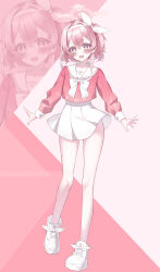 Rule 34 | 1girl, :d, a-pose, absurdres, amerika neko, arona (blue archive), arona (blue archive) (cosplay), bare legs, blue archive, blush, bow, bowtie, choker, commentary, cosplay, cross-laced shoes, double-parted bangs, feather hair, footwear bow, full body, hair between eyes, hair bow, hairband, halo, happy, highres, long sleeves, looking at viewer, medium hair, miniskirt, open mouth, outstretched hand, pink background, pink eyes, pink hair, pink shirt, pleated skirt, puffy long sleeves, puffy sleeves, sailor collar, school uniform, serafuku, serina (blue archive), shirt, shoes, simple background, skirt, smile, solo, standing, teeth, upper teeth only, white bow, white bowtie, white choker, white hairband, white sailor collar, white shoes, white skirt, yellow halo, zoom layer