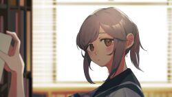 1girl absurdres window_blinds blue_sailor_collar bookshelf brown_eyes commentary_request grey_hair hair_ribbon hato_kan highres kantai_collection looking_at_viewer medium_hair ponytail red_ribbon ribbon sailor_collar school_uniform serafuku shirt sidelocks solo upper_body usugumo_(kancolle) white_shirt window
