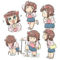Rule 34 | 1girl, amami haruka, arm behind head, bag, blue skirt, bow, brown hair, chibi, green eyes, hair bow, idolmaster, idolmaster (classic), idolmaster 1, jacket, long sleeves, multiple views, open clothes, open jacket, open mouth, own hands together, pink bow, pink jacket, pink shirt, shirt, short hair, shoulder bag, simple background, sitting, skirt, smile, standing, tongue, tsubobot, white background