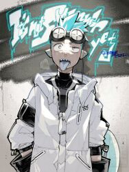 1boy arknights bandaid bandaid_on_face bandaid_on_nose black_gloves black_shirt blue_hair commentary_request english_text ethan_(arknights) gloves goggles goggles_on_head highres hood hood_down hooded_jacket jacket looking_at_viewer male_focus open_mouth oversized_zipper pointy_ears sharp_teeth shirt sweat takeuchi_(a3) teeth tongue tongue_out white_jacket zipper