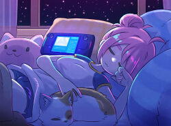 1girl :3 ahoge bed blanket blue_shorts blush breasts cat closed_eyes closed_mouth curtains hair_bun handheld_game_console highres indoors lying medium_breasts night night_sky nintendo_switch on_back picogames_off pillow pink_hair raglan_sleeves shirt short_hair short_shorts short_sleeves shorts single_hair_bun sky sleeping solo star_(sky) starry_sky steam_(platform) steam_delivery_girl stuffed_animal stuffed_toy thick_eyebrows under_covers white_shirt window