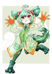 1girl 2025 ahoge artist_name breasts commission dokogero flat_chest frog_girl green_hair indie_virtual_youtuber kittanke_4 loli rebbi_rompin sitting small_breasts standing standing_on_one_leg white_background