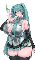 1girl absurdres aqua_hair aqua_necktie bare_shoulders black_sleeves blue_eyes blush borrowed_hairstyle breasts cosplay detached_sleeves dildo grey_shirt hair_ornament hatsune_miku hatsune_miku_(cosplay) headset highres holding holding_sex_toy large_breasts long_hair looking_at_viewer mashima_jirou mole mole_under_eye necktie open_mouth original pleated_skirt sex_toy shirt skirt sleeveless sleeveless_shirt smile solo thighhighs twintails very_long_hair vocaloid