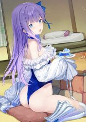 1girl ass back bare_shoulders blue_eyes blue_ribbon blush breasts cake choker coffeekite eating fate/grand_order fate_(series) food frills hair_ribbon highleg highleg_one-piece_swimsuit highres long_hair long_sleeves looking_at_viewer meltryllis meltryllis_(fate) meltryllis_(swimsuit_lancer)_(fate) meltryllis_(swimsuit_lancer)_(second_ascension)_(fate) off-shoulder_one-piece_swimsuit off_shoulder one-piece_swimsuit open_mouth prosthesis prosthetic_leg puffy_sleeves purple_hair ribbon sleeves_past_fingers sleeves_past_wrists small_breasts solo swimsuit thighs very_long_hair white_ribbon