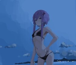 1girl absurdres bikini black_bikini breasts closed_mouth groin hair_ornament highres long_hair navel night night_sky ocean off_shoulder purple_hair sky small_breasts swimsuit thighs tsurime voiceroid yuzuki_yukari