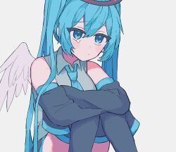 1girl angel_wings aqua_eyes aqua_hair aqua_necktie blush closed_mouth commentary detached_sleeves grey_shirt hair_between_eyes halo hatsune_miku highres knees_to_chest long_hair necktie rtm1016 shirt simple_background solo teardrop twintails very_long_hair vocaloid white_background wings
