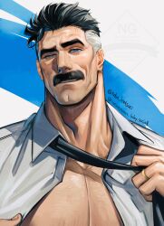 Rule 34 | 1boy, bara, bare pectorals, black hair, black necktie, blue background, blue eyes, bluesky username, blush, cleft chin, collared shirt, commentary, facial hair, gold ring, grey hair, highres, holding necktie, invincible (series), jewelry, large pectorals, light blush, light smile, looking at viewer, male focus, mature male, multicolored hair, muscular, muscular male, mustache, necktie, nolan grayson, omni-man, open mouth, pectorals, portrait, removing necktie, ring, shirt, short hair, simple background, smile, solo, symbol-only commentary, thick mustache, thick neck, tobo katsuo, twitter username, two-tone background, two-tone hair, unbuttoned, undressing, wedding ring, white background, white shirt, wrinkled skin
