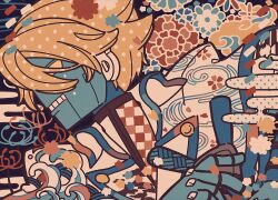 1boy abstract aqua_skin ben-day_dots blonde_hair blue_trim buttons checkered_clothes clothed_robot coat collared_coat colored_skin colorful egasumi facing_to_the_side flower guilty_gear highres howakama humanoid_robot joints key_in_head lapels male_focus object_through_head profile robo-ky robot robot_joints screentones shirt short_hair solo spider_lily turtleneck turtleneck_shirt unmoving_pattern waves white_coat winding_key yagasuri