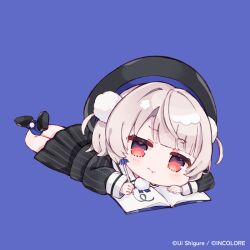 1girl :t beret black_hat black_shirt black_shoes black_skirt blue_background blue_socks blush brown_hair chibi closed_mouth collared_shirt drawing_(object) full_body hat holding holding_pen loafers looking_at_viewer lying official_art on_stomach pen pinstripe_pattern pinstripe_shirt pinstripe_skirt pleated_skirt red_eyes sencha_(senta_10) shirt shoes simple_background skirt socks solo two_side_up ui_(voisona) voisona
