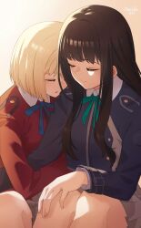 2girls arm_hug black_hair blonde_hair blue_dress blue_ribbon blush closed_eyes closed_mouth commentary_request dress gradient_background green_ribbon head_on_another&#039;s_shoulder highres inoue_takina long_hair lycoris_recoil lycoris_uniform medium_hair meruki multiple_girls neck_ribbon nishikigi_chisato parted_lips pink_background ribbon sleeping smile yellow_background yuri
