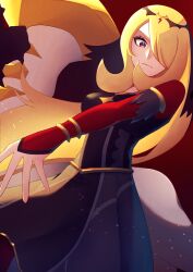 1girl absurdres armlet black_dress blonde_hair breasts closed_mouth commentary_request cynthia_(pokemon) cynthia_(sygna_suit)_(renegade)_(pokemon) dress eyelashes floating_hair frown gen_4_pokemon giratina giratina_(altered) hair_ornament hair_over_one_eye highres jewelry legendary_pokemon long_hair looking_down nintendo official_alternate_costume pokemon pokemon_(creature) pokemon_masters_ex red_background red_sleeves yuha_(donkarasu03)