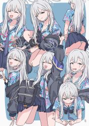 Rule 34 | 1girl, :d, absurdres, ass, bag, black jacket, blue archive, blue necktie, blue shirt, breasts, closed mouth, collarbone, cup, fang, grey eyes, grey hair, halo, hawaiian shirt, highres, holding, holding cup, jacket, konoka (blue archive), long hair, loose necktie, mask, mouth mask, multiple views, necktie, off shoulder, open mouth, panties, planking, pleated skirt, shirt, shoulder bag, skin fang, skirt, small breasts, smile, sweat, tinkie, underwear, waving, white panties