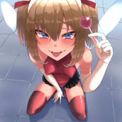1girl alternate_costume black_skirt blonde_hair blue_eyes blush breasts candy commentary_request cookie_(touhou) elbow_gloves fairy_wings food full_body gloves highres holding holding_candy holding_food holding_lollipop leotard lollipop looking_at_viewer medium_hair mesugaki miniskirt open_mouth pyukasshori red_eyes red_leotard red_thighhighs shiriri_saikyo skirt small_breasts smile solo squatting sunny_milk teeth thighhighs tongue tongue_out touhou upper_teeth_only white_wings wings