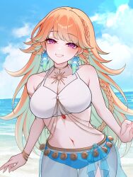 1girl aqua_hair bare_arms bare_shoulders beach blue_sky bracelet breasts cloud colored_inner_hair commentary cowboy_shot dancer day grin hashtag-only_commentary highres hololive hololive_english holonatsu_paradise jewelry large_breasts long_braid long_hair looking_at_viewer midriff multicolored_hair navel ocean official_alternate_costume orange_hair outdoors purple_eyes sarong see-through_clothes see-through_sarong senkanaki64 sky smile solo takanashi_kiara takanashi_kiara_(holonatsu_paradise) thigh_gap two-tone_hair very_long_hair virtual_youtuber water