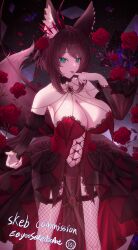 1girl artist_name breasts cleavage clothing_cutout commentary commission detached_collar detached_sleeves dress eeyoosekedooaat finger_to_mouth fishnet_thighhighs fishnets flower fox_girl gem green_eyes hair_flower hair_ornament highres huge_breasts indie_virtual_youtuber large_breasts large_tail looking_at_viewer nail_polish navel_cutout pelvic_curtain petals red_dress red_flower red_gemstone red_nails red_rose red_theme rose skeb_commission solo tail thighhighs virtual_youtuber