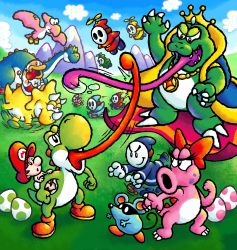 1boy angry baby_mario battle birdo blue_sky claws crown fog hat highres little_mouser mario mario_(series) mask mouse_(animal) nintendo poochy_(yoshi&#039;s_island) shy_guy sky super_mario_bros._1 super_mario_bros._2 super_mario_world_2:_yoshi&#039;s_island tongue wart_(mario) yoshi yoshi&#039;s_island