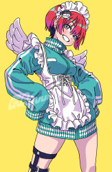 1girl amate_yuzuriha aqua_eyes gundam gundam_gquuuuuux highres jacket jersey_maid maid maid_headdress red_hair short_hair smile solo thigh_strap track_jacket unconventional_maid wings yamashita_shun&#039;ya