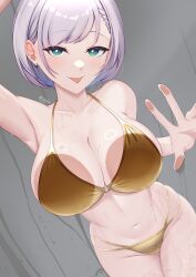 1girl :p against_glass aqua_eyes arm_up armpits bikini braid breast_press breasts breasts_on_glass bright_pupils cleavage collarbone earrings girarikyo gold_bikini golden_week grey_hair highres hololive hololive_indonesia jewelry large_breasts navel o-ring o-ring_bikini pavolia_reine short_hair solo swimsuit tongue tongue_out twitter_username virtual_youtuber wet white_pupils
