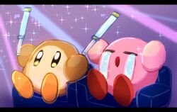 chair colored_skin commentary_request crying glowstick holding holding_glowstick kirby kirby_(series) kirby_30th_anniversary_music_festival letterboxed mikeli_li_(artist) nintendo open_mouth pink_skin sitting solid_oval_eyes sparkle t_t waddle_dee