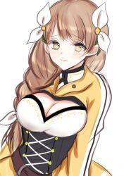 Rule 34 | 1boy, absurdres, black corset, braid, breasts, brown hair, cleavage, corset, fire emblem, fire emblem engage, goldmary (fire emblem), hair over shoulder, highres, hooded top, large breasts, low ponytail, nintendo, ponytail, ribbon, side ponytail, solo, white ribbon, yellow eyes, yukichi (yukichi rururu)