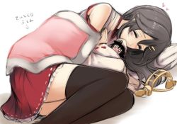 0_0 2girls black_hair black_legwear blush closed_eyes detached_sleeves female_admiral_(kancolle) giant giantess hair_ornament hairclip haruna_(kancolle) hat hug kantai_collection long_hair lying multiple_girls nontraditional_miko nose_blush on_side pillow red_skirt size_difference sketch skirt sleeping thighhighs translated unworn_headgear utopia_(utopiavl) white_hat yuri