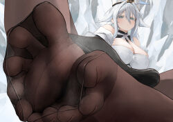 1girl azur_lane blush breasts brown_pantyhose cleavage feet fur_trim hat highres large_breasts long_hair looking_at_viewer oshin0_(zheng) pantyhose pov soles sovetsky_soyuz_(azur_lane) steam toes white_eyes white_hair