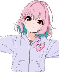 Rule 34 | 1girl, ahoge, aqua hair, closed mouth, commentary, drawstring, earrings, hair intakes, hair ornament, hairclip, highres, hood, hood down, hoodie, idolmaster, idolmaster cinderella girls, jewelry, kakki (kackie), medium hair, multicolored hair, outstretched arms, pink eyes, pink hair, shirt, simple background, solo, sweatdrop, two-tone hair, white background, yumemi riamu