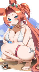1girl absurdres alternate_costume animal_ears barefoot bikini blue_eyes blue_scrunchie blush braid breasts brown_hair cleavage commentary_request crab day ear_ornament feet half_up_braid hermit_crab highres horse_ears horse_girl horse_tail kawakami_princess_(umamusume) large_breasts long_hair looking_at_viewer maou_(maoudaisukiya) outdoors sand scrunchie seashell shell solo squatting swimsuit tail thigh_strap umamusume white_bikini wrist_scrunchie