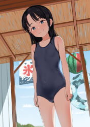 1girl absurdres arms_at_sides bare_arms bare_shoulders beach_house black_hair black_one-piece_swimsuit blue_eyes breasts closed_mouth commentary_request cowboy_shot day empty_eyes from_below head_tilt highres innertube kurebayashi_asami looking_at_viewer one-piece_swimsuit original sky small_breasts smile solo swim_ring swimsuit
