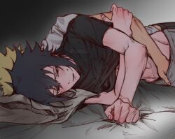 2boys arm_around_waist bed_sheet black_eyes black_hair black_male_underwear black_shirt blonde_hair blush clothes_lift crew_neck fingernails grey_male_underwear grey_shirt groin hand_in_another&#039;s_underwear highres i2d0012 lying male_focus male_underwear midriff multiple_boys naruto_(series) navel nervous_sweating on_side parted_lips sheet_grab shirt shirt_lift short_sleeves spooning sweat twitter_username uchiha_sasuke underwear uzumaki_naruto yaoi
