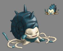 closed_eyes commentary creature english_commentary fangs full_body fusion gen_1_pokemon grey_background madcookiefighter nintendo no_humans omastar pixel_art pokemon pokemon_(creature) shell simple_background snorlax solo spikes tentacles