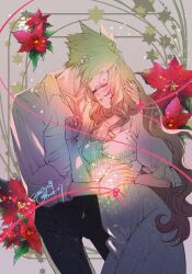 1boy 1girl aerith_gainsborough alternate_costume black_pants blonde_hair breasts brown_hair cleavage closed_eyes cloud_strife collarbone collared_shirt couple cowboy_shot dress final_fantasy final_fantasy_vii final_fantasy_vii_remake flower hair_over_eyes hand_in_another&#039;s_hair hetero highres holding_hands long_dress long_hair medium_breasts pants parted_bangs poinsettia puffy_sleeves red_flower shirt short_hair sidelocks spiked_hair string string_of_fate wakakusa-e wavy_hair white_dress white_shirt
