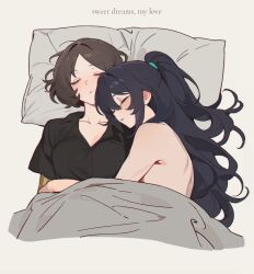 1boy 1girl black_hair black_shirt blanket breasts brown_hair cleavage closed_eyes collared_shirt half_updo hetero highres hong_lu_(project_moon) limbus_company long_hair moony_(past_desiderium) oc_x_canon open_mouth original parted_bangs past_desiderium pillow project_moon shirt short_hair sidelocks simple_background sleeping upper_body very_long_hair white_background