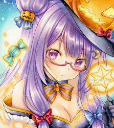 1girl alternate_costume alternate_headwear bespectacled black_dress black_gloves black_hat blue_bow bow bowtie breasts candy cleavage closed_mouth commentary crescent crescent_hair_ornament dress food glasses gloves hair_bow hair_bun hair_ornament halloween_costume hat holding holding_wand jack-o&#039;-lantern jack-o&#039;-lantern_hair_ornament long_hair nekofish666 patchouli_knowledge purple_eyes purple_hair red-framed_eyewear red_bow semi-rimless_eyewear solo touhou traditional_media twitter_username under-rim_eyewear wand