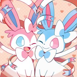 animal_focus blue_bow blue_bowtie blue_sclera bow bowtie cheek-to-cheek closed_mouth colored_sclera ear_bow eye_contact fangs gen_6_pokemon happy heads_together heart heart_background looking_at_another monya nintendo no_humans one_eye_closed open_mouth pink_bow pink_bowtie pink_sclera pokemon pokemon_(creature) ribbon shiny_and_normal shiny_pokemon smile sylveon symmetry traditional_bowtie white_eyes white_ribbon