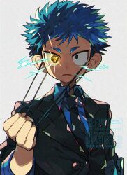 Rule 34 | 1boy, black jacket, black necktie, blue hair, character request, collared shirt, glowing, glowing eye, grey background, hashtag-only commentary, highres, holding, jacket, kawasaki (kwsk 8765), long sleeves, male focus, necktie, parted lips, shirt, short hair, simple background, solo, spiked hair, thick eyebrows, unmei no makimodoshi, upper body, very short hair, watermark, white shirt, wing collar