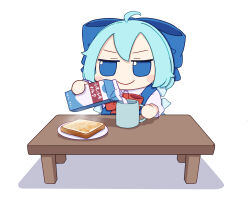 1girl ahoge blue_bow blue_eyes blue_hair blush_stickers bow bowtie bread bread_slice cirno closed_mouth collared_shirt commentary_request cup food fumo_(doll) hair_bow highres holding holding_milk_carton ice ice_wings kame_(kamepan44231) milk_carton plate pouring red_bow red_bowtie shirt short_hair short_sleeves simple_background smile solo table toast touhou white_background white_shirt wings
